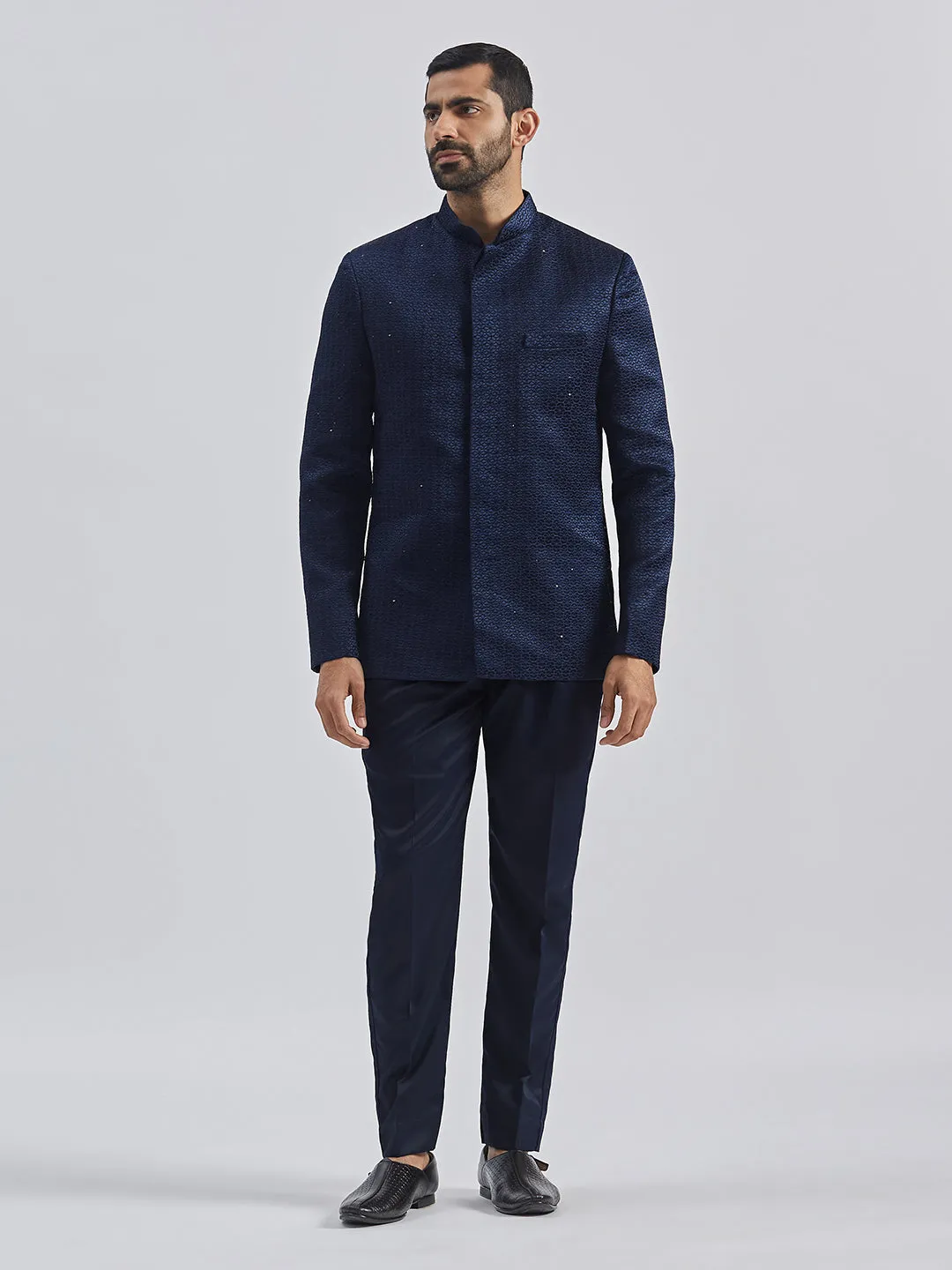 Jashvi Men's Navy Blue Silk Blend Jodhpuri,Pyjama Set