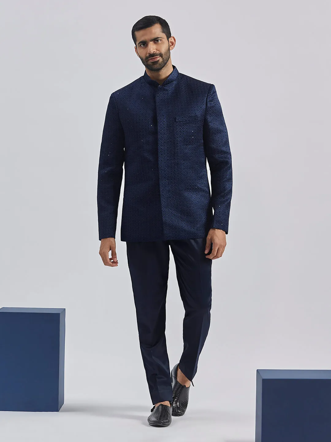 Jashvi Men's Navy Blue Silk Blend Jodhpuri,Pyjama Set