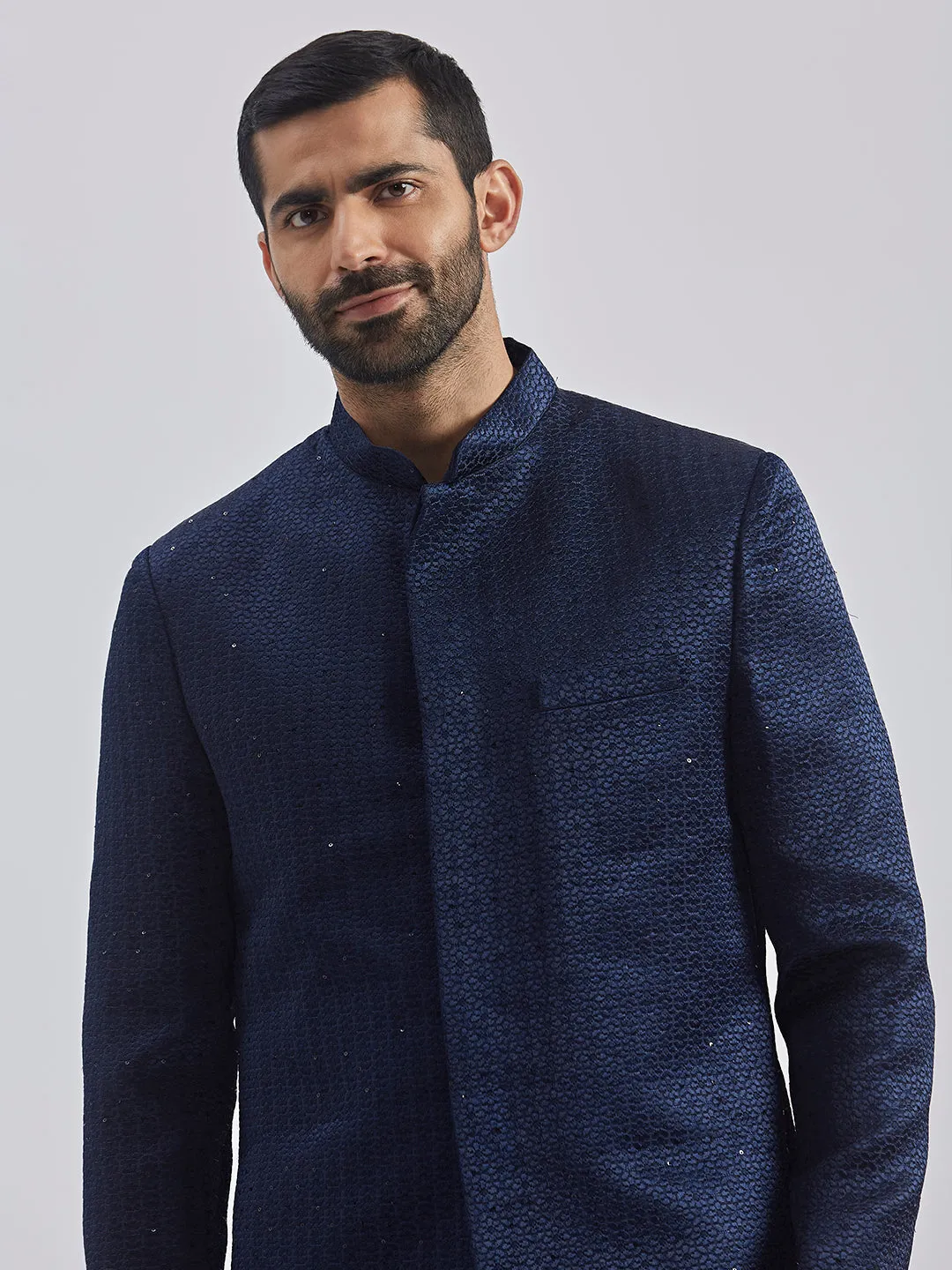 Jashvi Men's Navy Blue Silk Blend Jodhpuri,Pyjama Set
