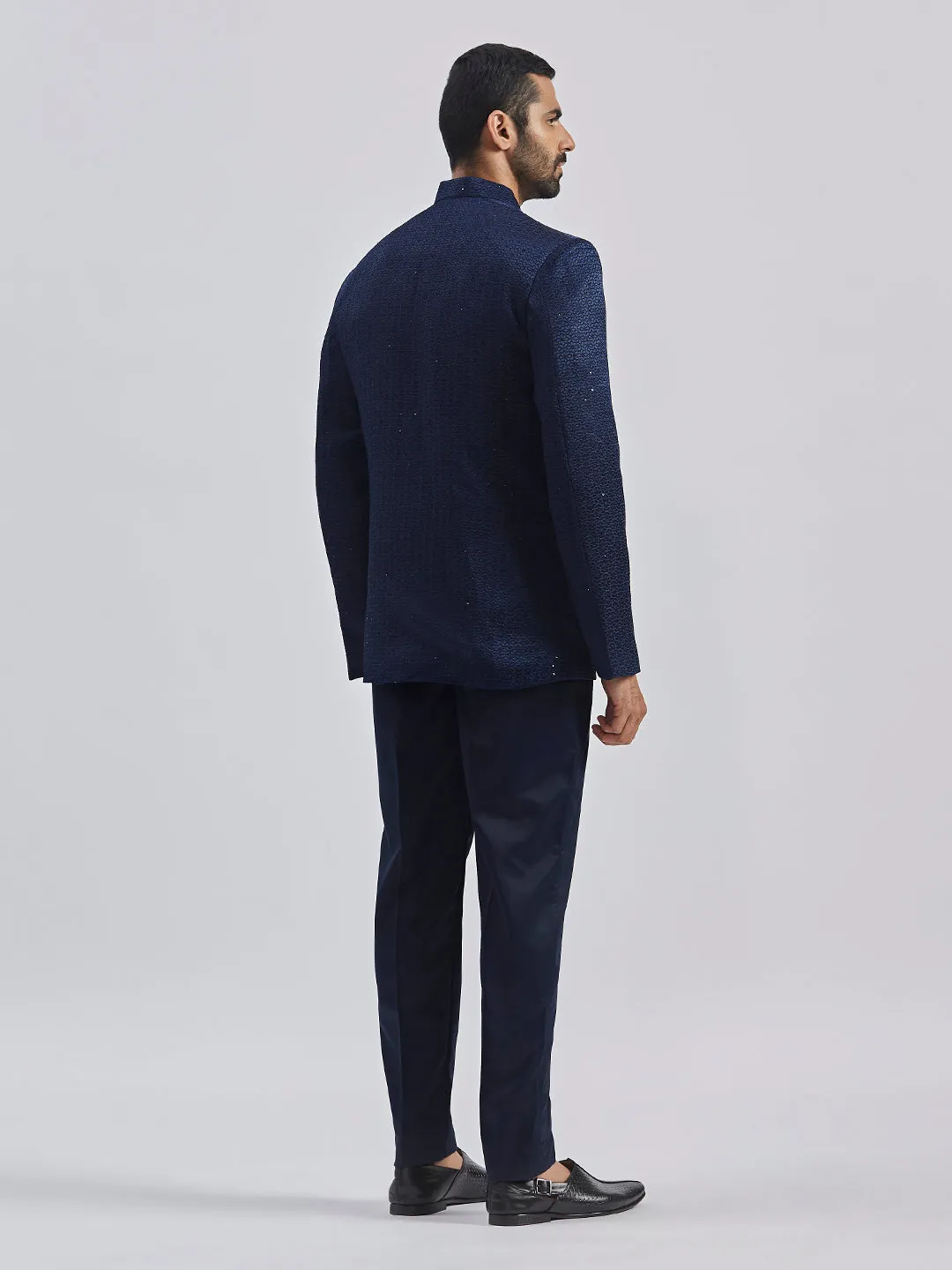 Jashvi Men's Navy Blue Silk Blend Jodhpuri,Pyjama Set