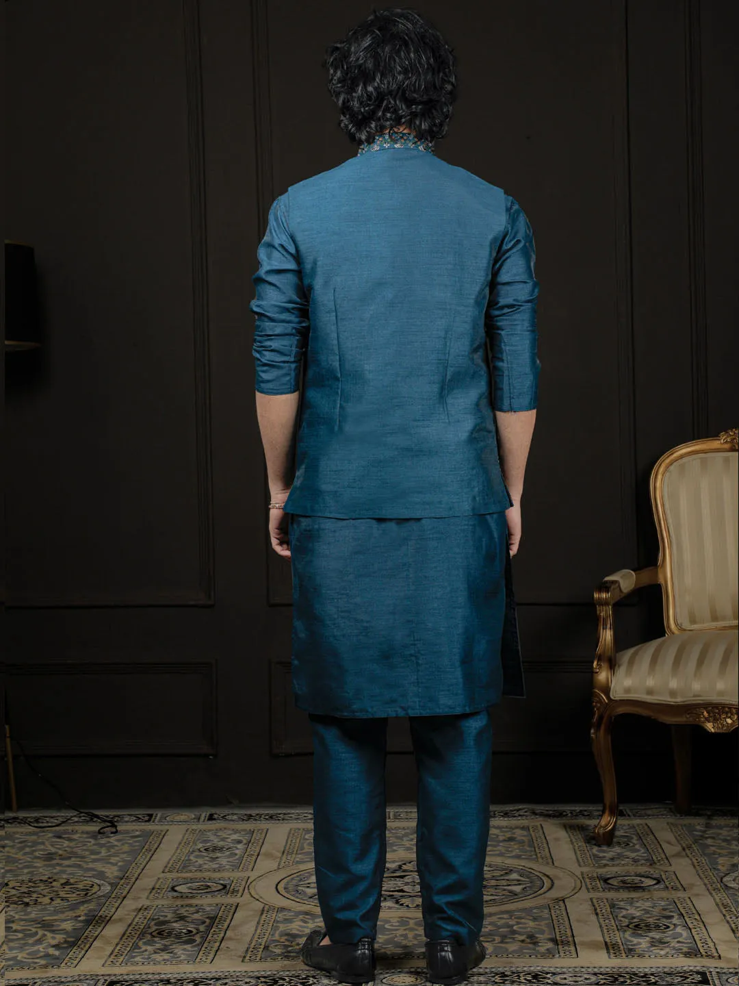 Jashvi Men's Turquoise Dupion Silk Jacket, Kurta and Pyjama Set