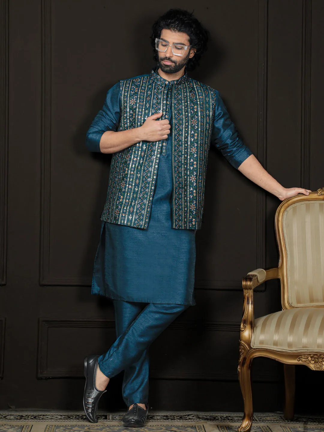 Jashvi Men's Turquoise Dupion Silk Jacket, Kurta and Pyjama Set
