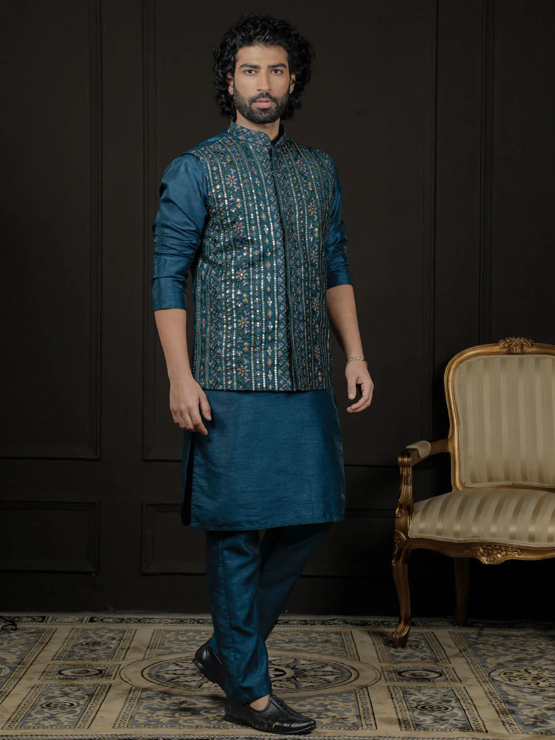 Jashvi Men's Turquoise Dupion Silk Jacket, Kurta and Pyjama Set