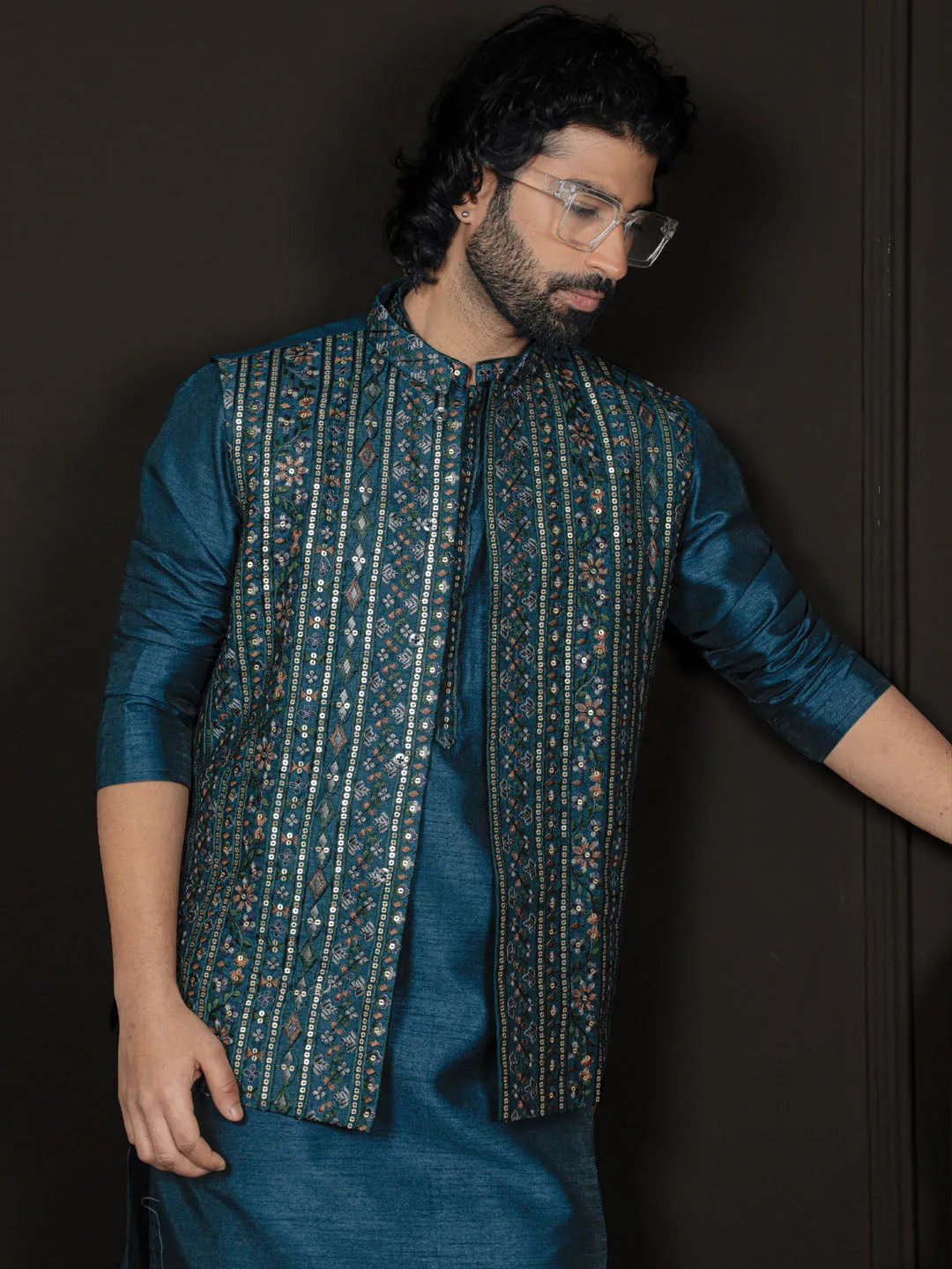 Jashvi Men's Turquoise Dupion Silk Jacket, Kurta and Pyjama Set