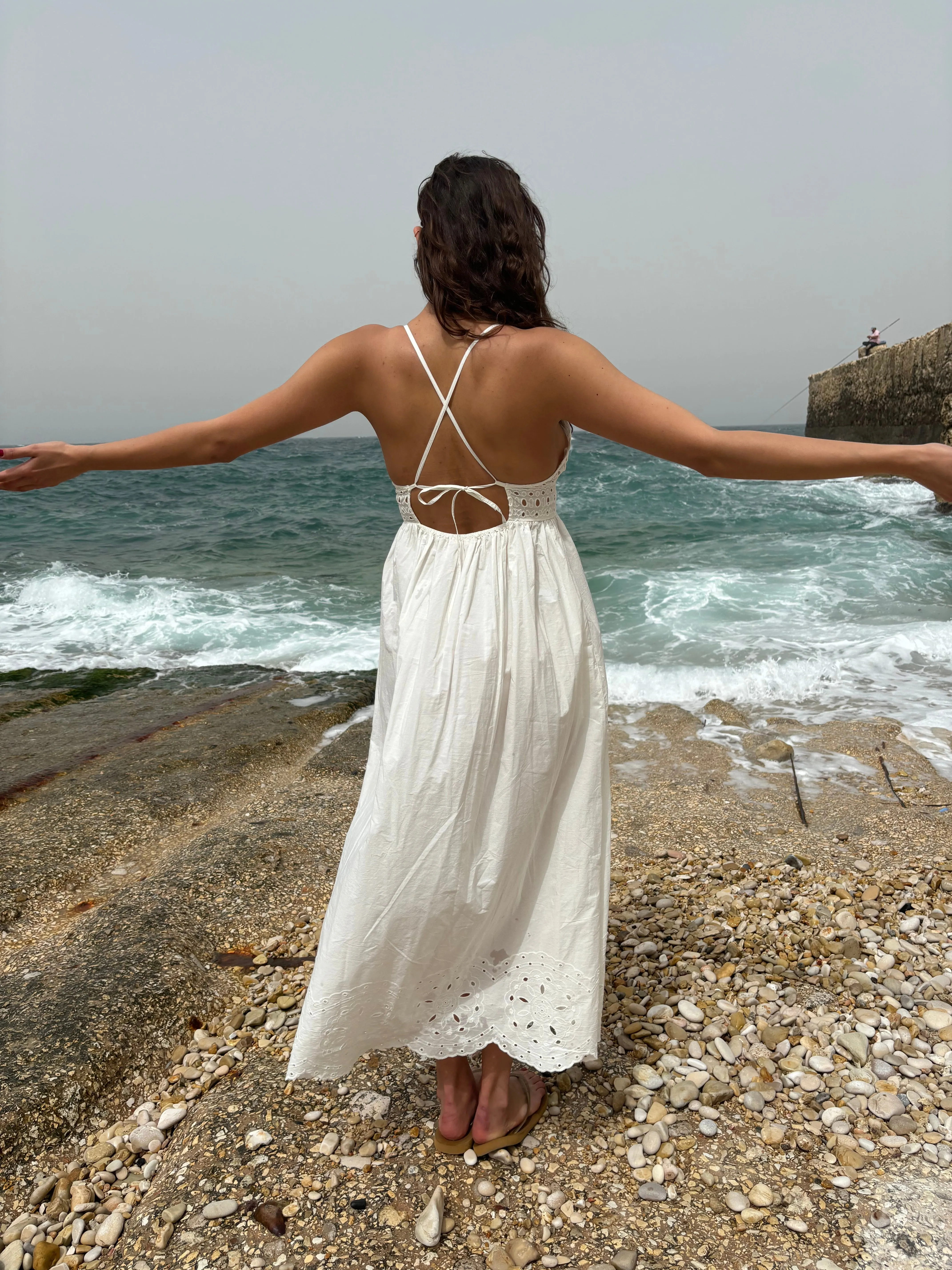 Long off-white Dress with floral embroidery