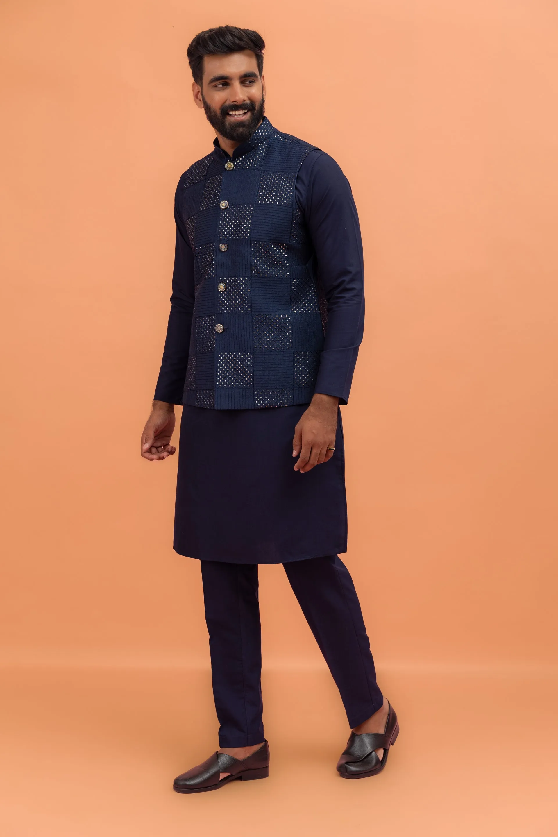 Men Navy Blue Sequence Embroidery Kurta Jacket Trouser Set