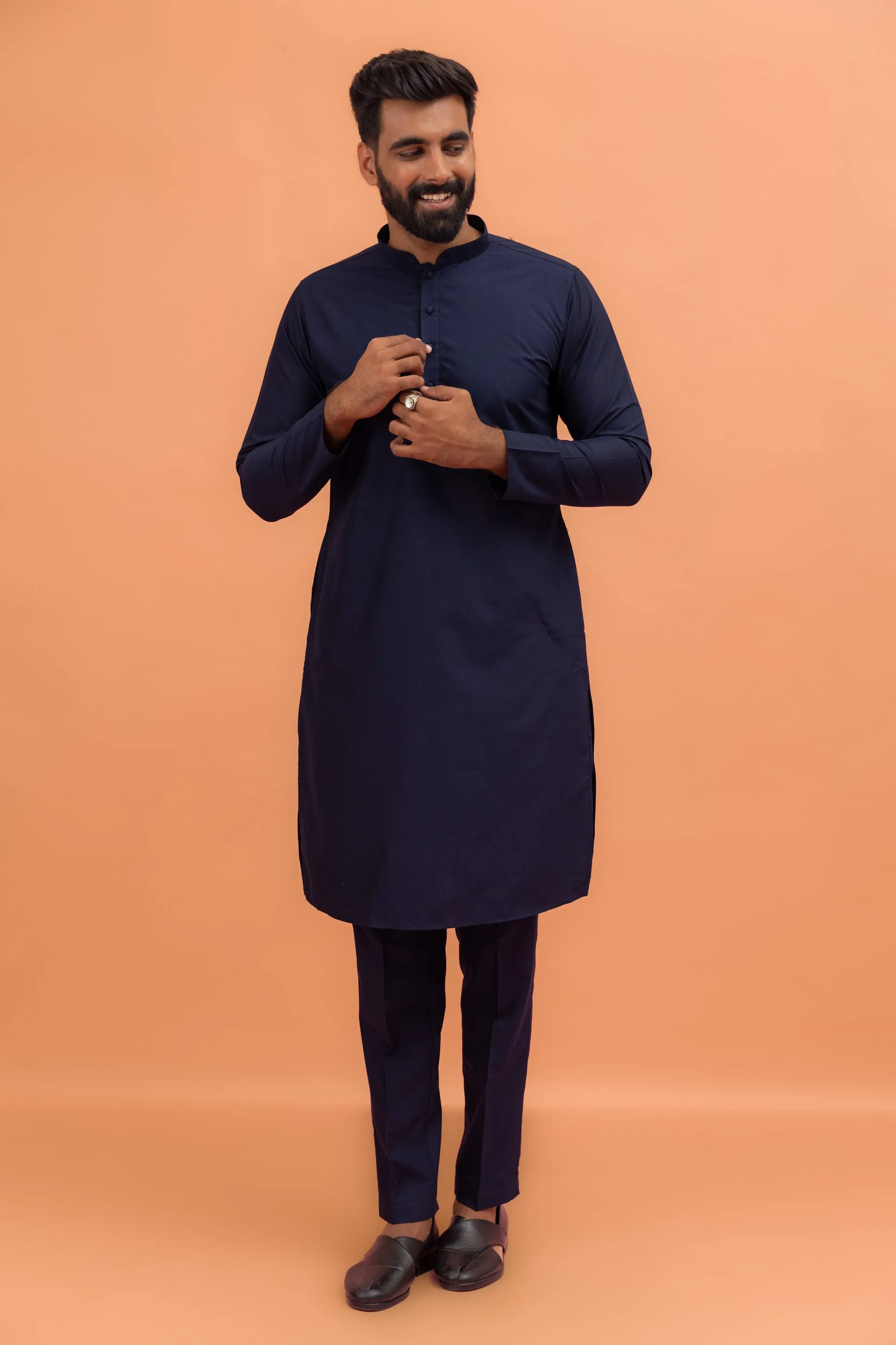 Men Navy Blue Sequence Embroidery Kurta Jacket Trouser Set