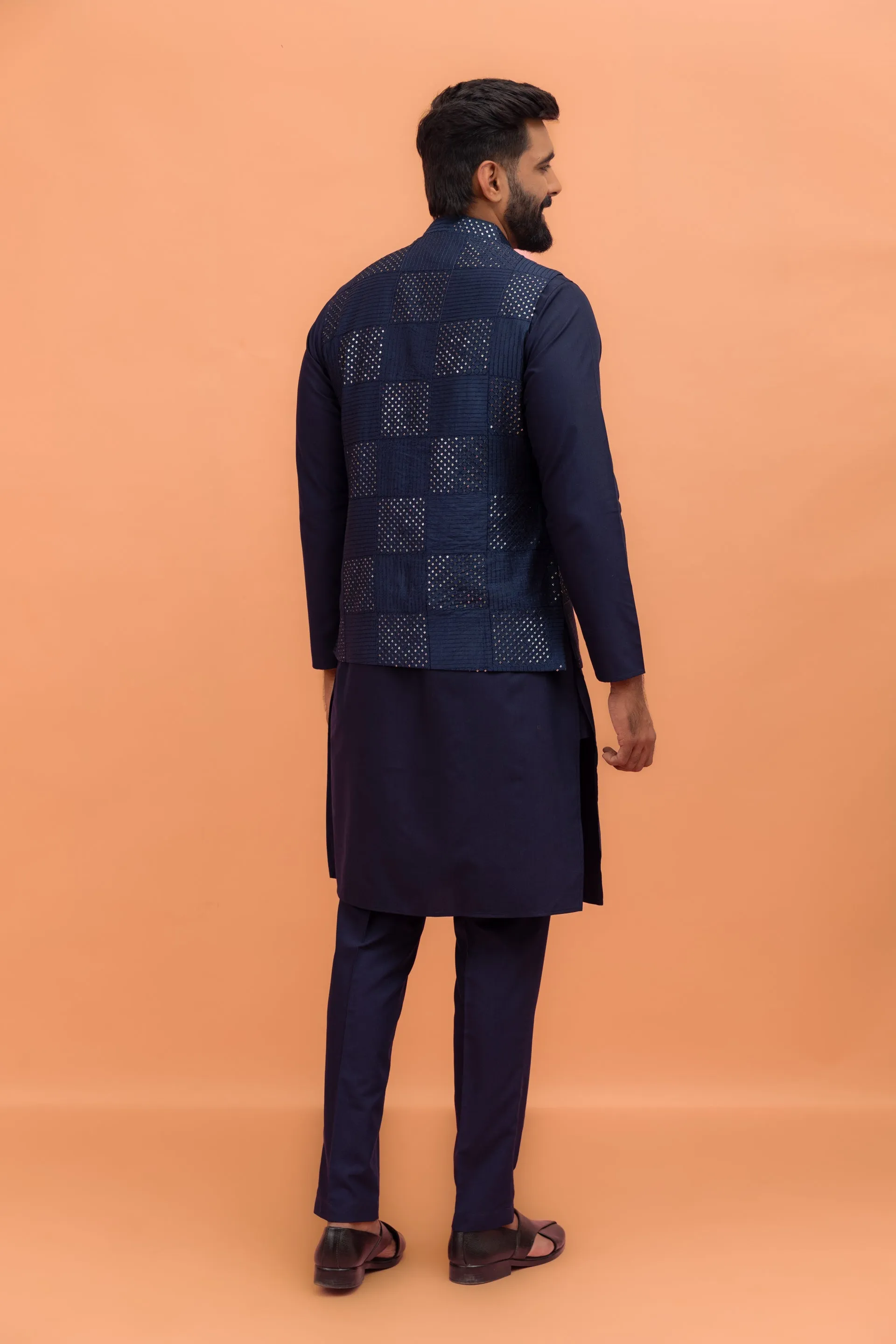 Men Navy Blue Sequence Embroidery Kurta Jacket Trouser Set