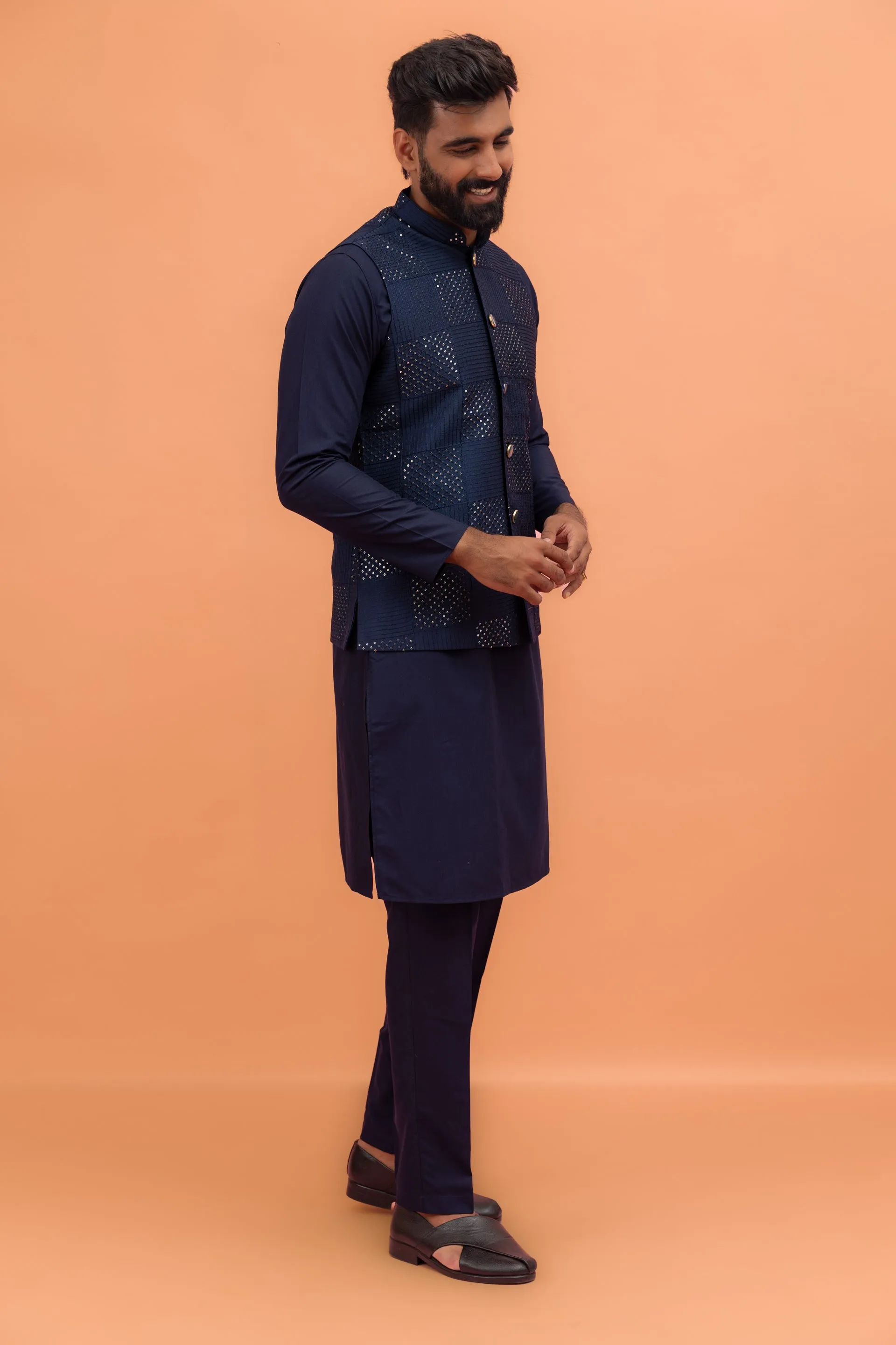 Men Navy Blue Sequence Embroidery Kurta Jacket Trouser Set