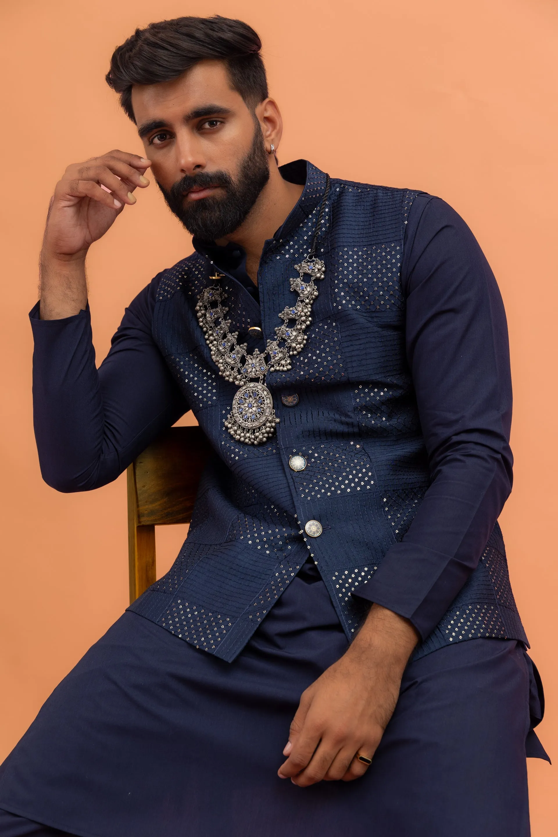 Men Navy Blue Sequence Embroidery Kurta Jacket Trouser Set