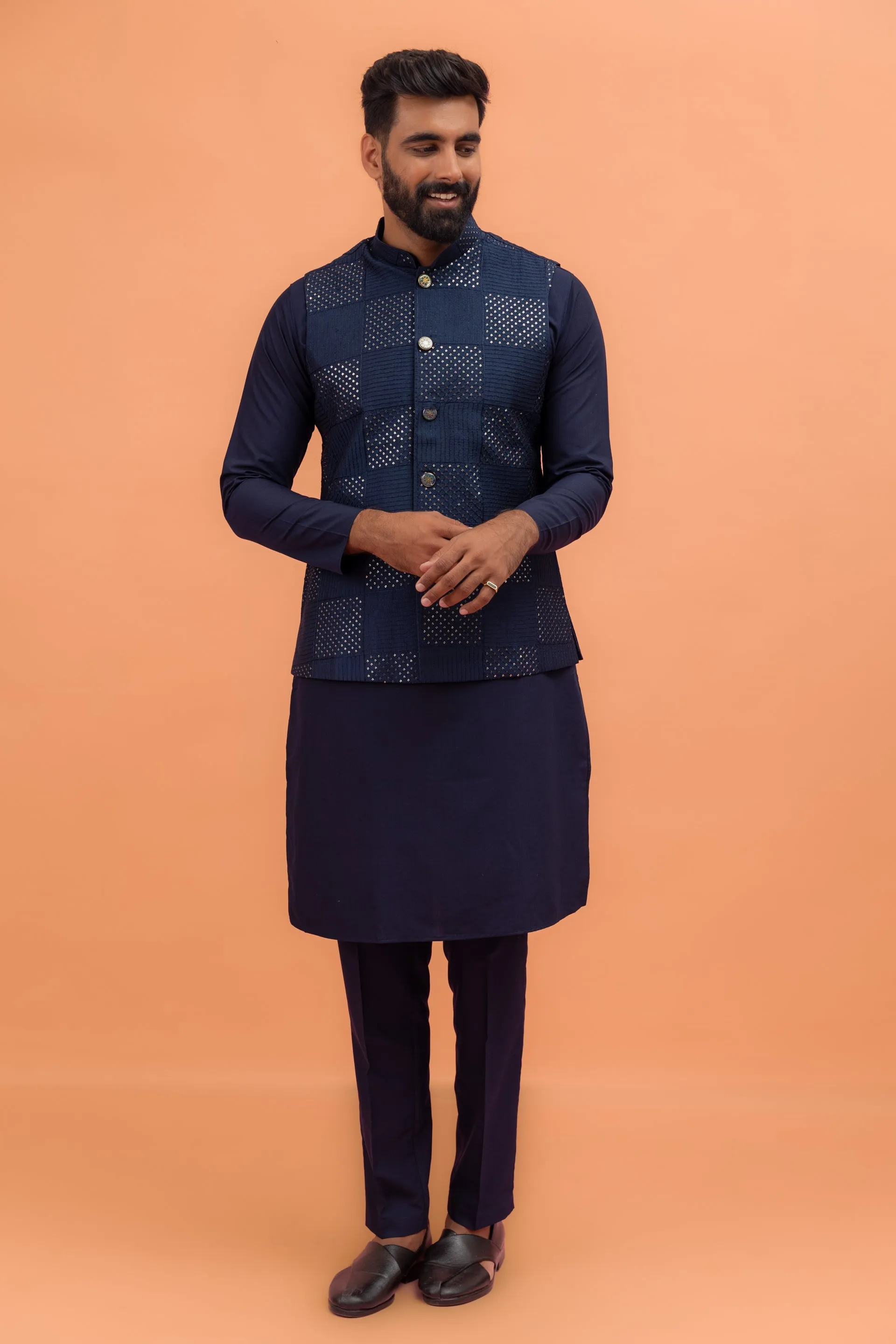 Men Navy Blue Sequence Embroidery Kurta Jacket Trouser Set