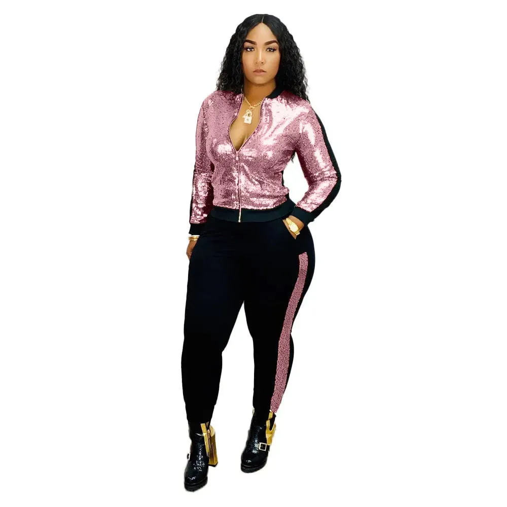 Metallic Sequined Long Sleeve Zipper Bomber Jacket   Side Striped Sweatpants Ladies Tracksuit