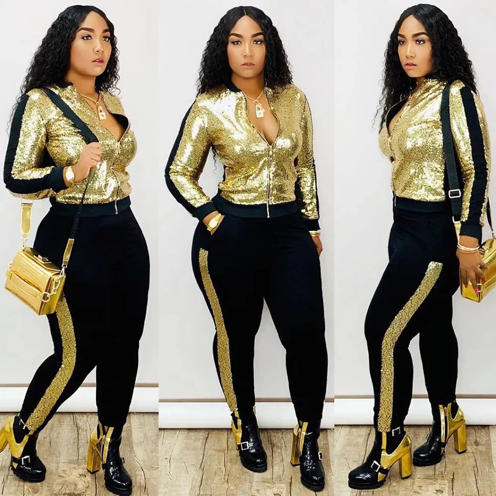 Metallic Sequined Long Sleeve Zipper Bomber Jacket   Side Striped Sweatpants Ladies Tracksuit