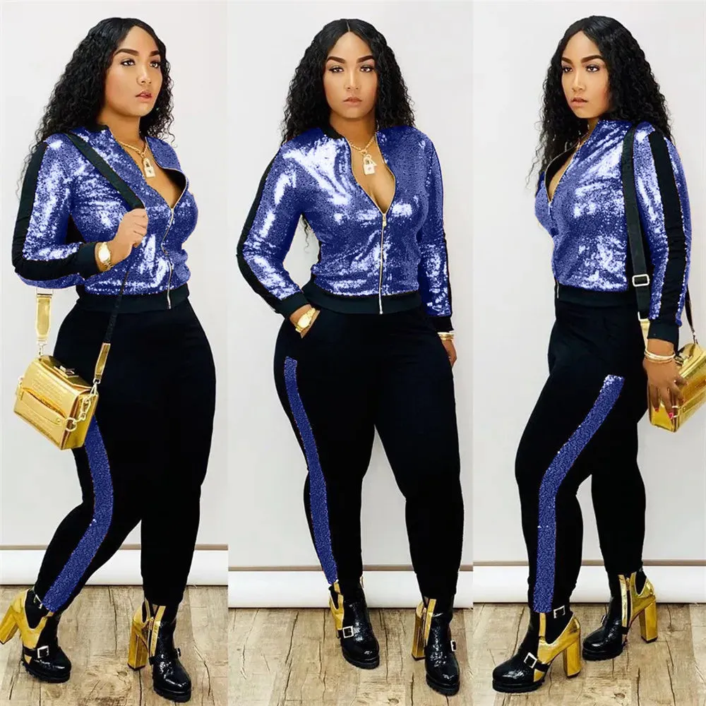 Metallic Sequined Long Sleeve Zipper Bomber Jacket   Side Striped Sweatpants Ladies Tracksuit