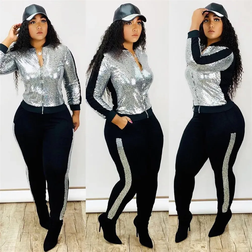 Metallic Sequined Long Sleeve Zipper Bomber Jacket   Side Striped Sweatpants Ladies Tracksuit