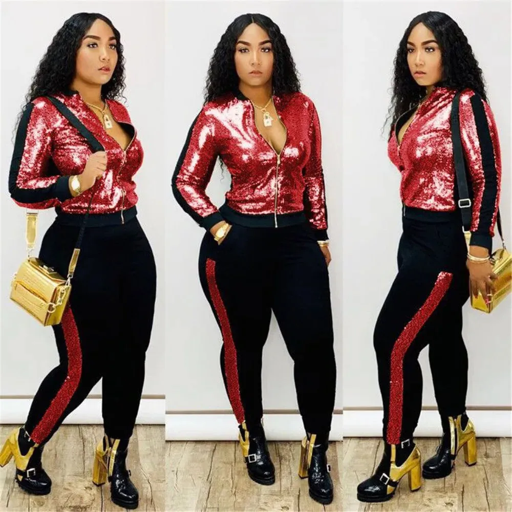 Metallic Sequined Long Sleeve Zipper Bomber Jacket   Side Striped Sweatpants Ladies Tracksuit