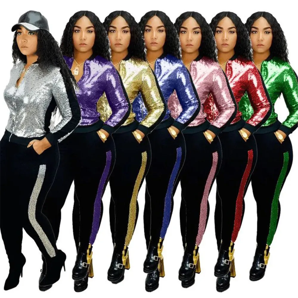 Metallic Sequined Long Sleeve Zipper Bomber Jacket   Side Striped Sweatpants Ladies Tracksuit