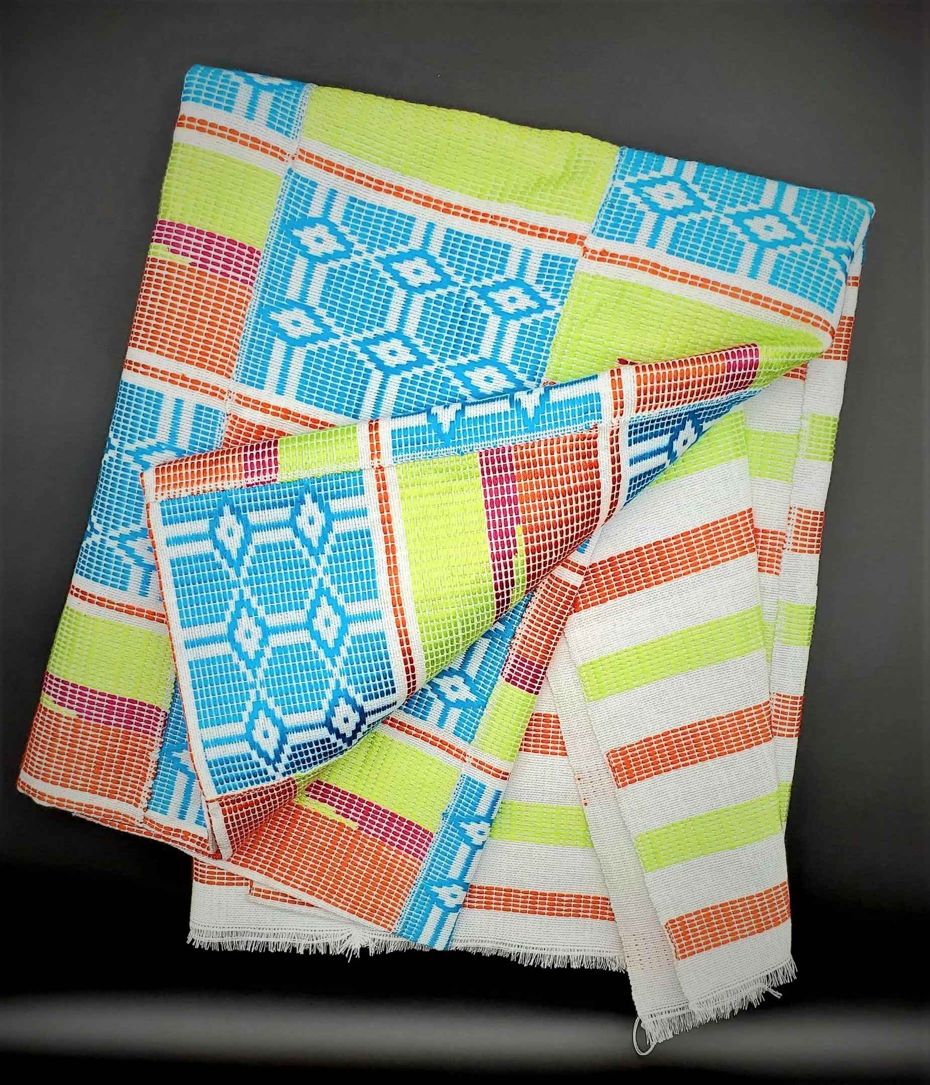 Multi-colored Traditional Kente (Light Blue, White, Lime Green, Orange, Fuchsia) 3pcs