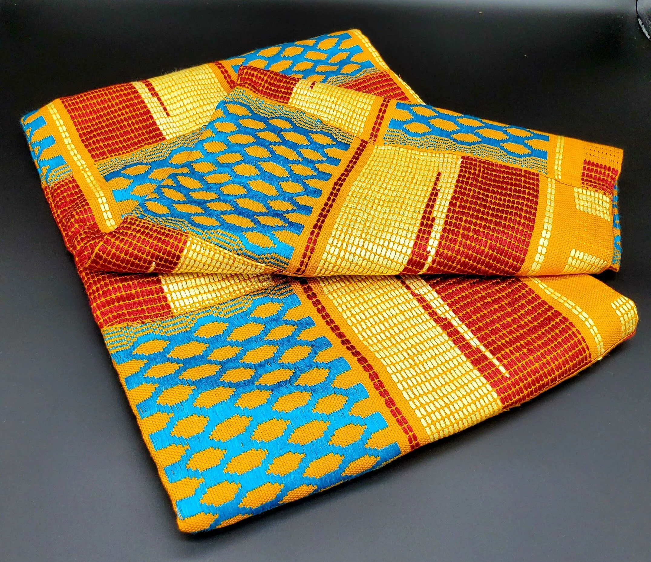 Multi-colored Traditional Kente (Mustard, White, Light Blue, Red, Gold) 3pcs