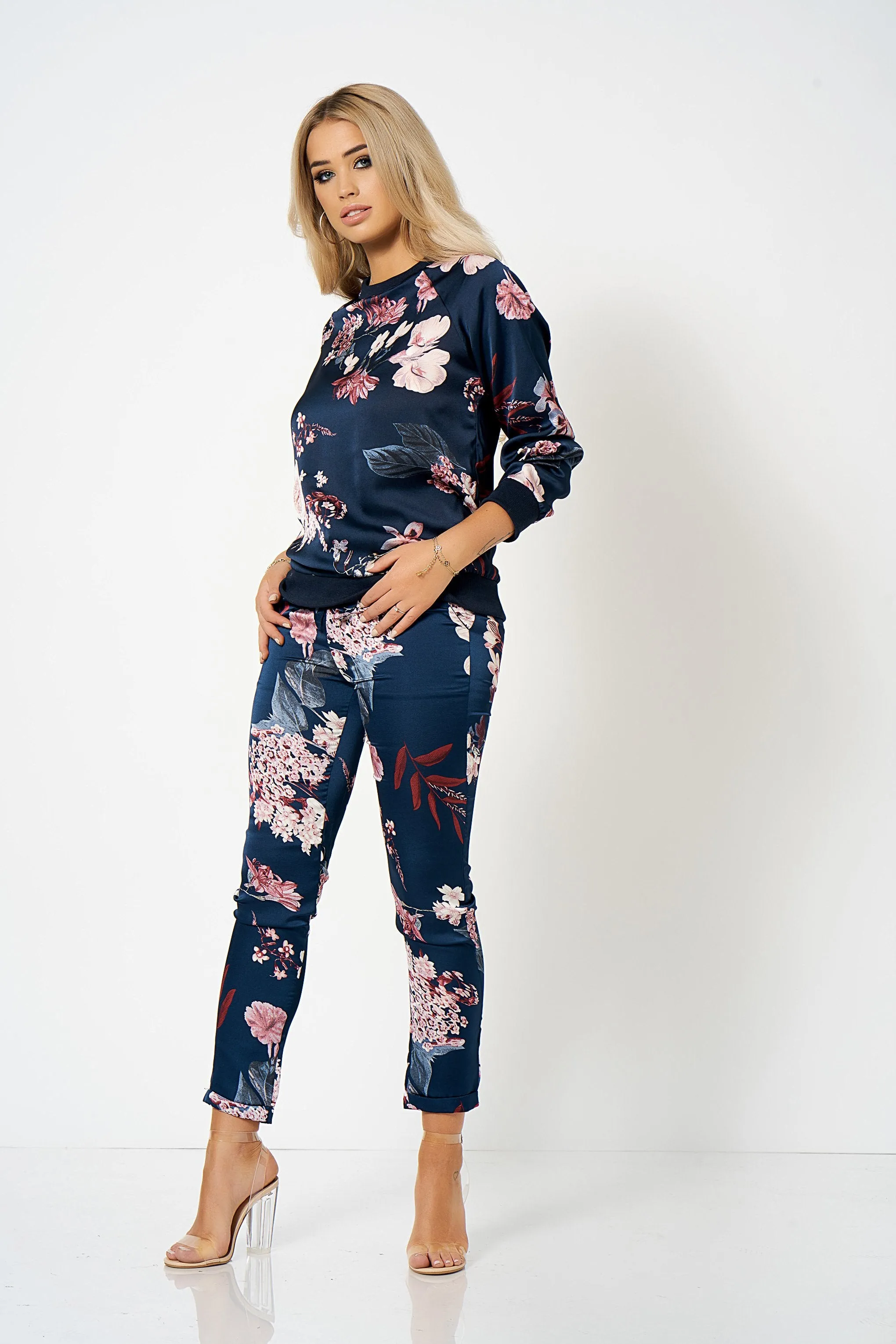 Navy Floral Belted Satin Co-ord Trousers