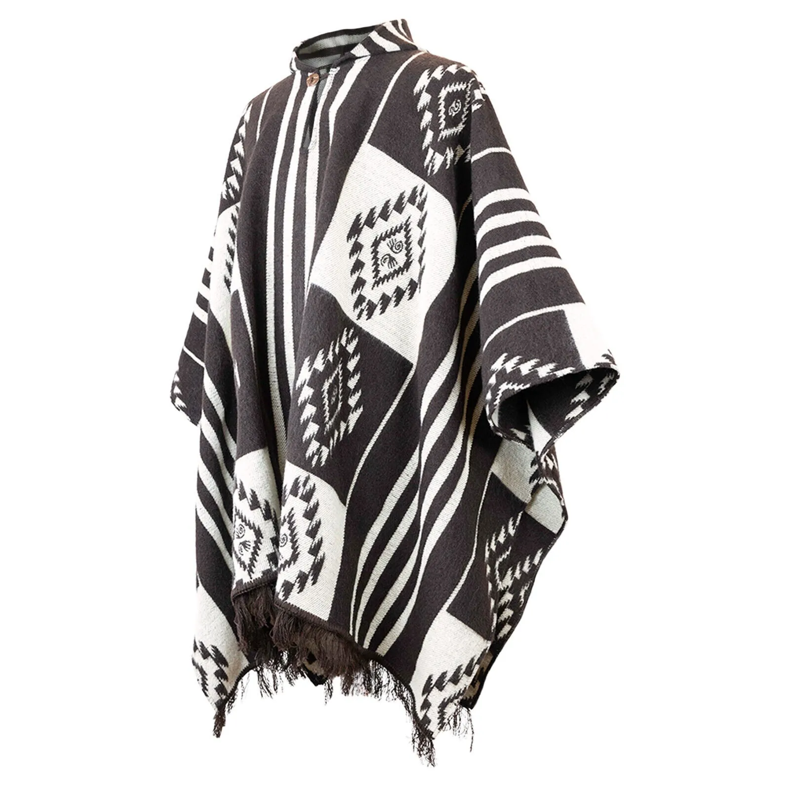 Numbilungo - Baby Alpaca wool Unisex Hooded Poncho Pullover M-XXL - brown - Aztec pattern