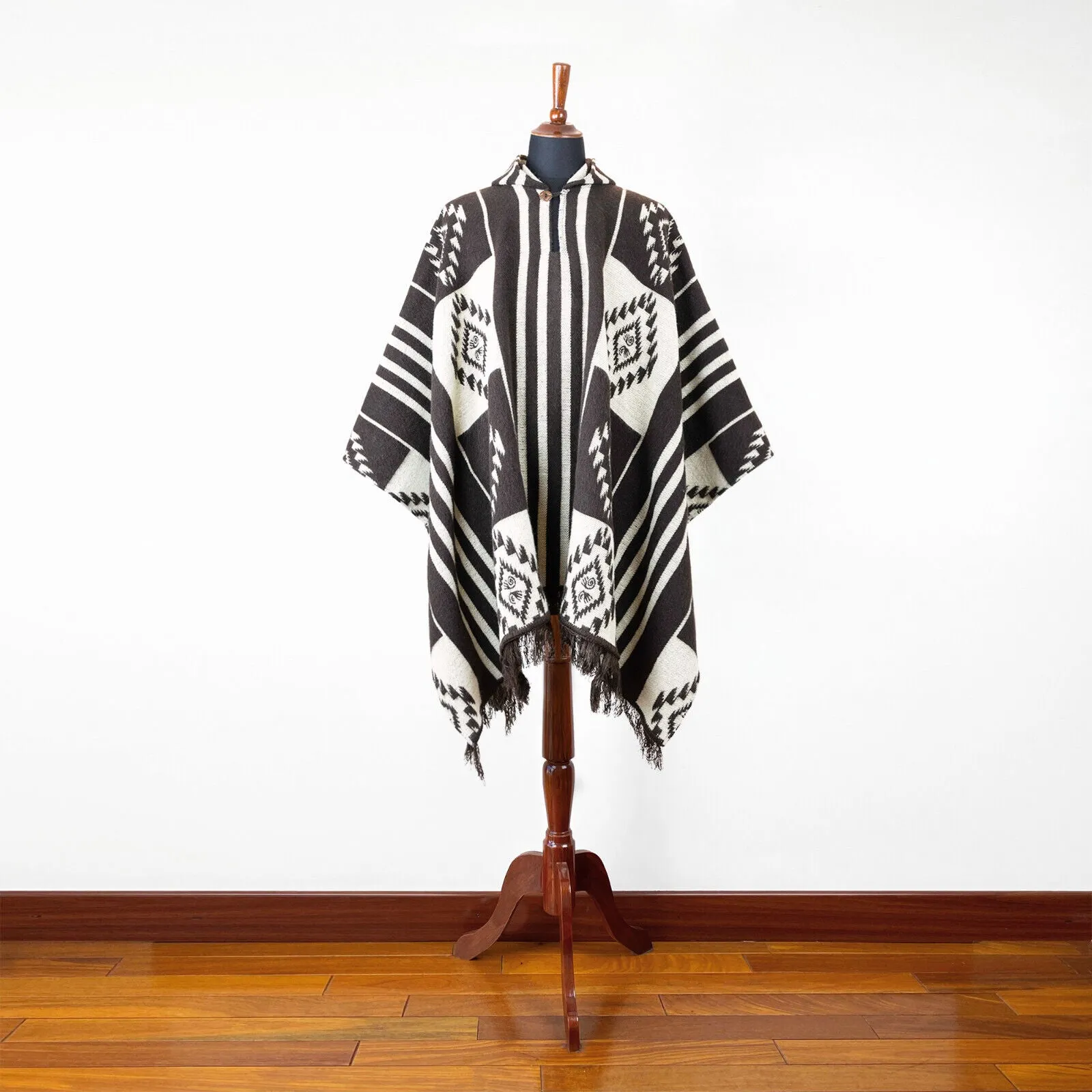 Numbilungo - Baby Alpaca wool Unisex Hooded Poncho Pullover M-XXL - brown - Aztec pattern