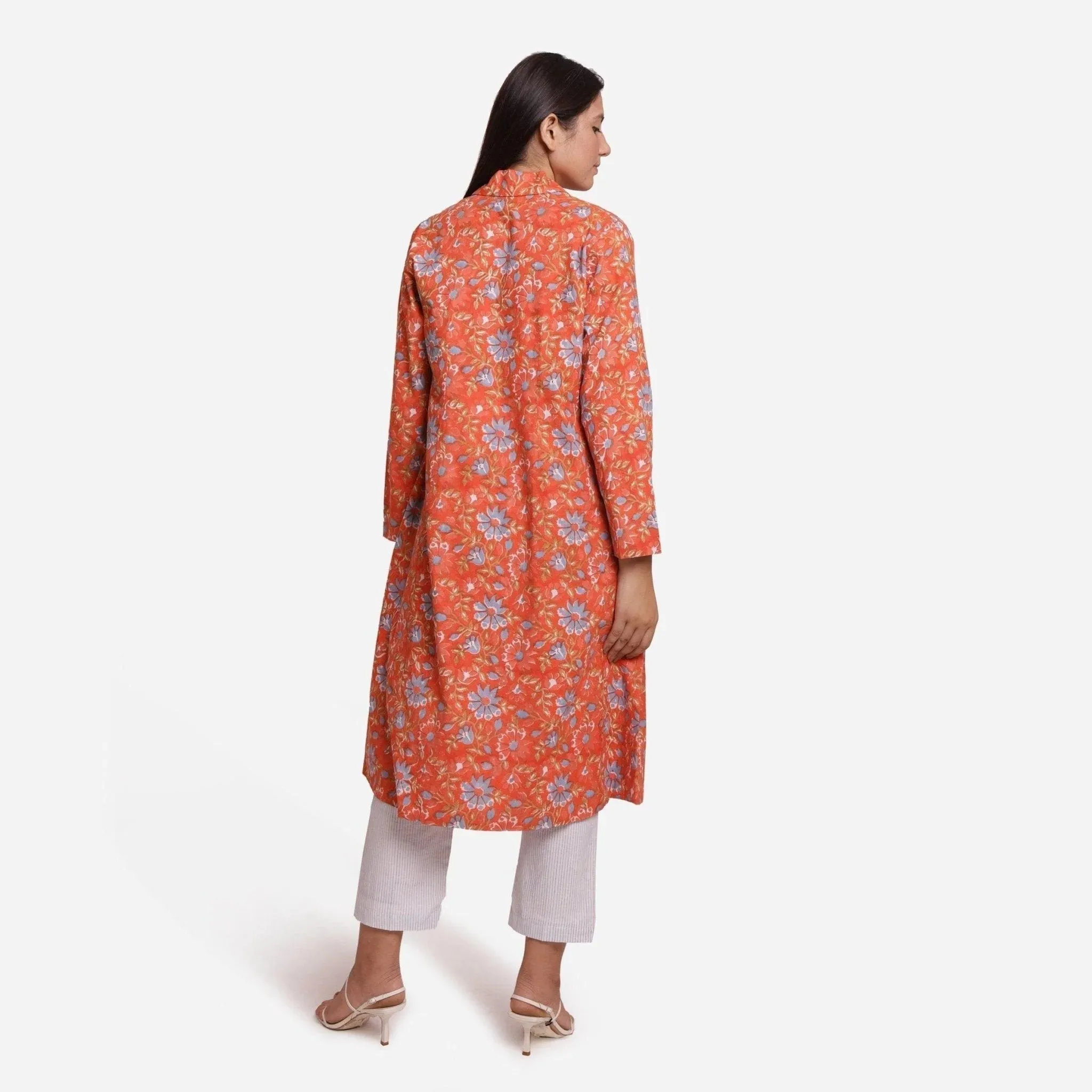 Orange Floral Block Printed Cotton Trench Coat