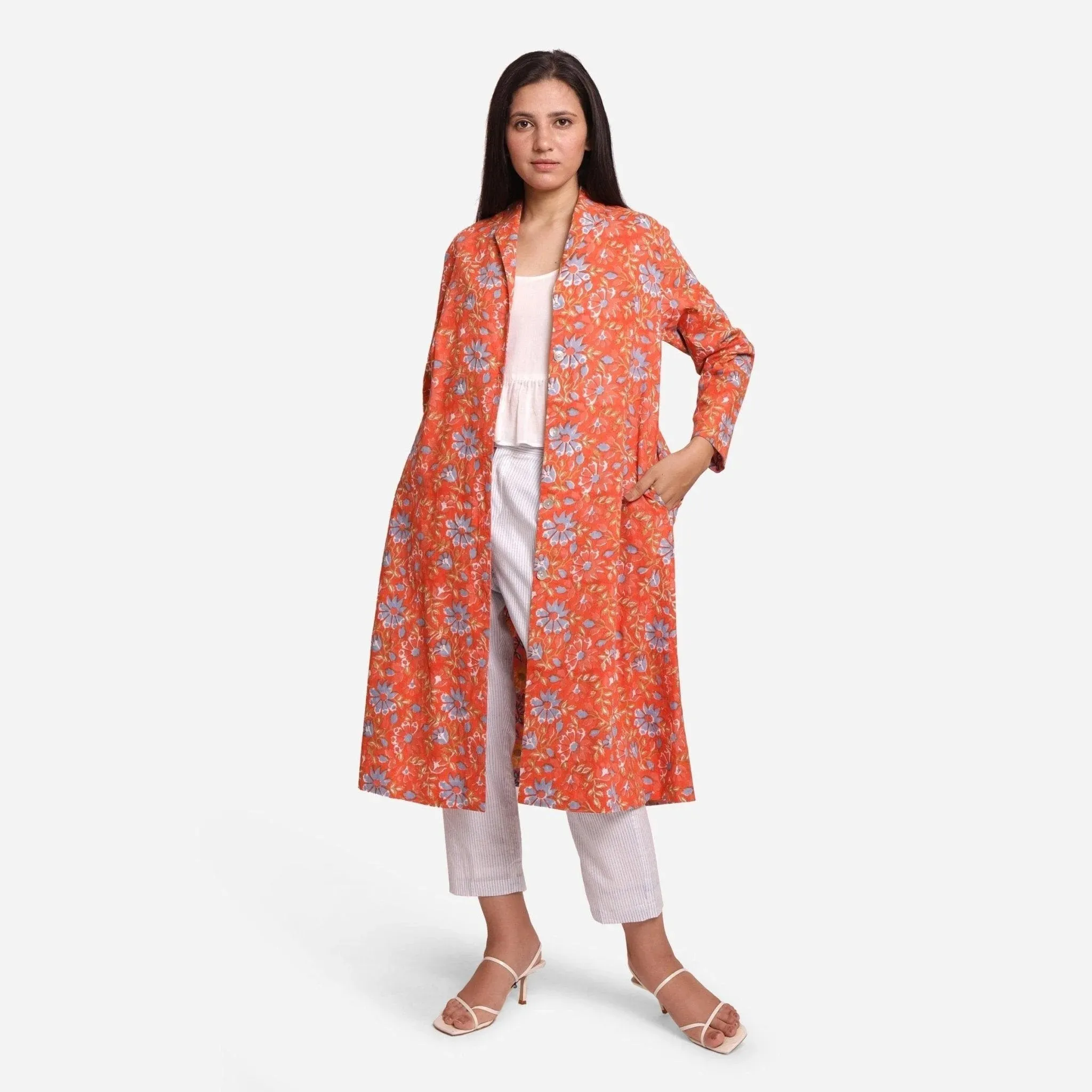 Orange Floral Block Printed Cotton Trench Coat