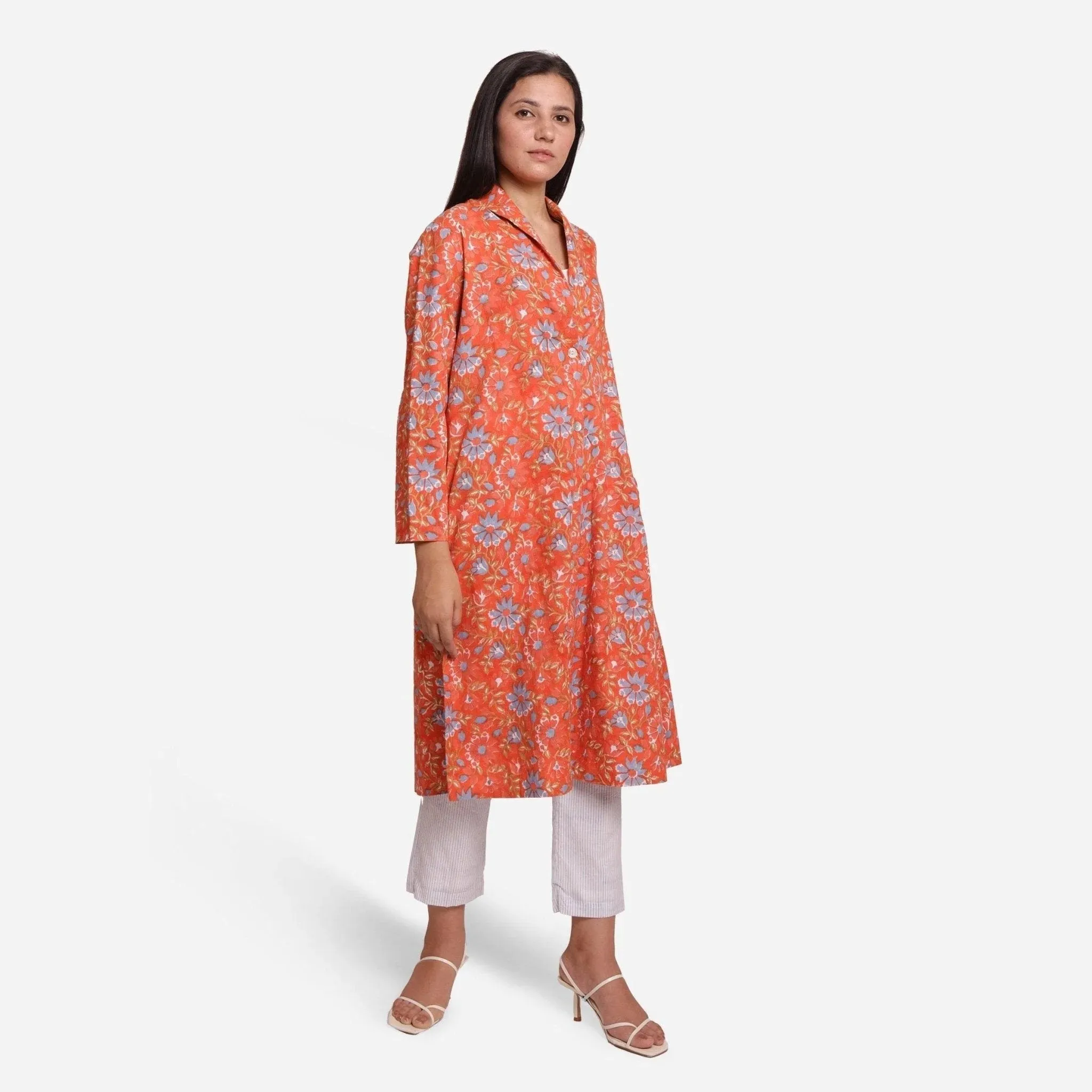 Orange Floral Block Printed Cotton Trench Coat