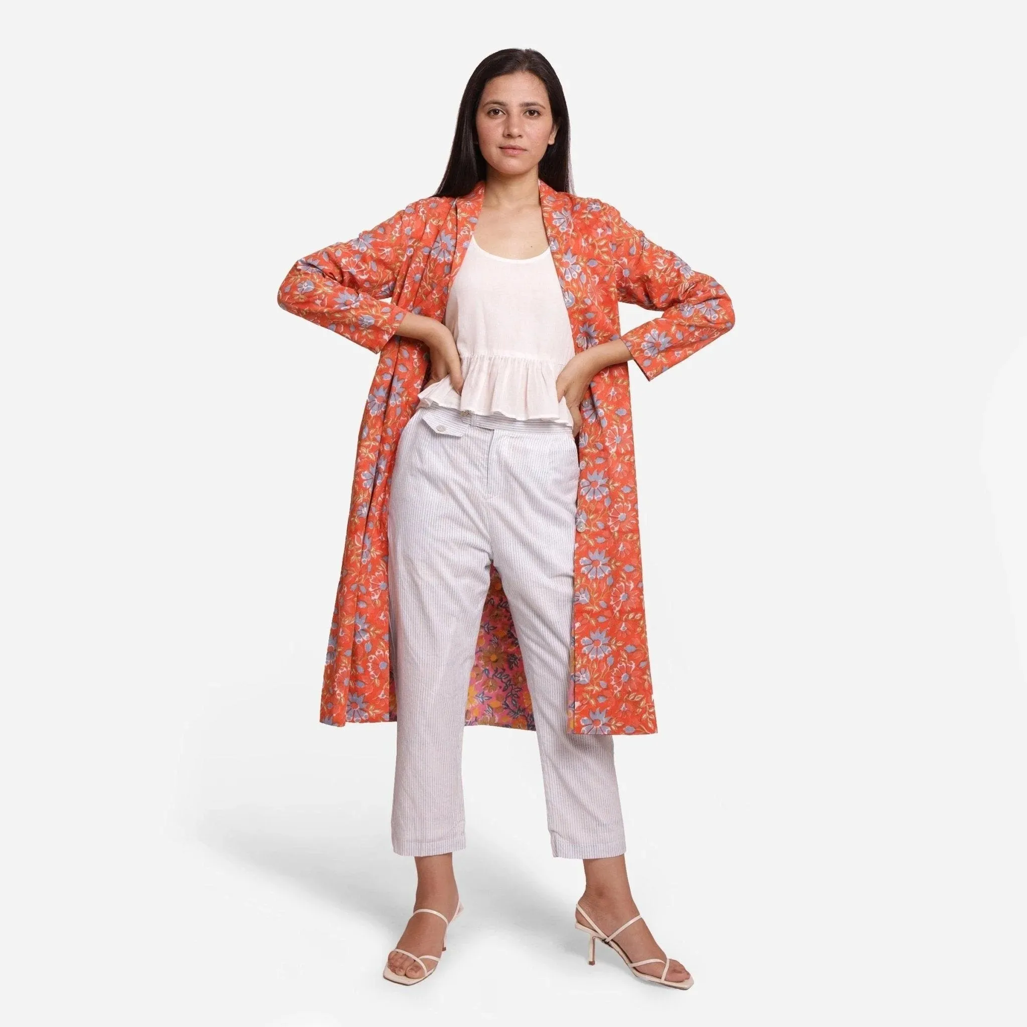 Orange Floral Block Printed Cotton Trench Coat