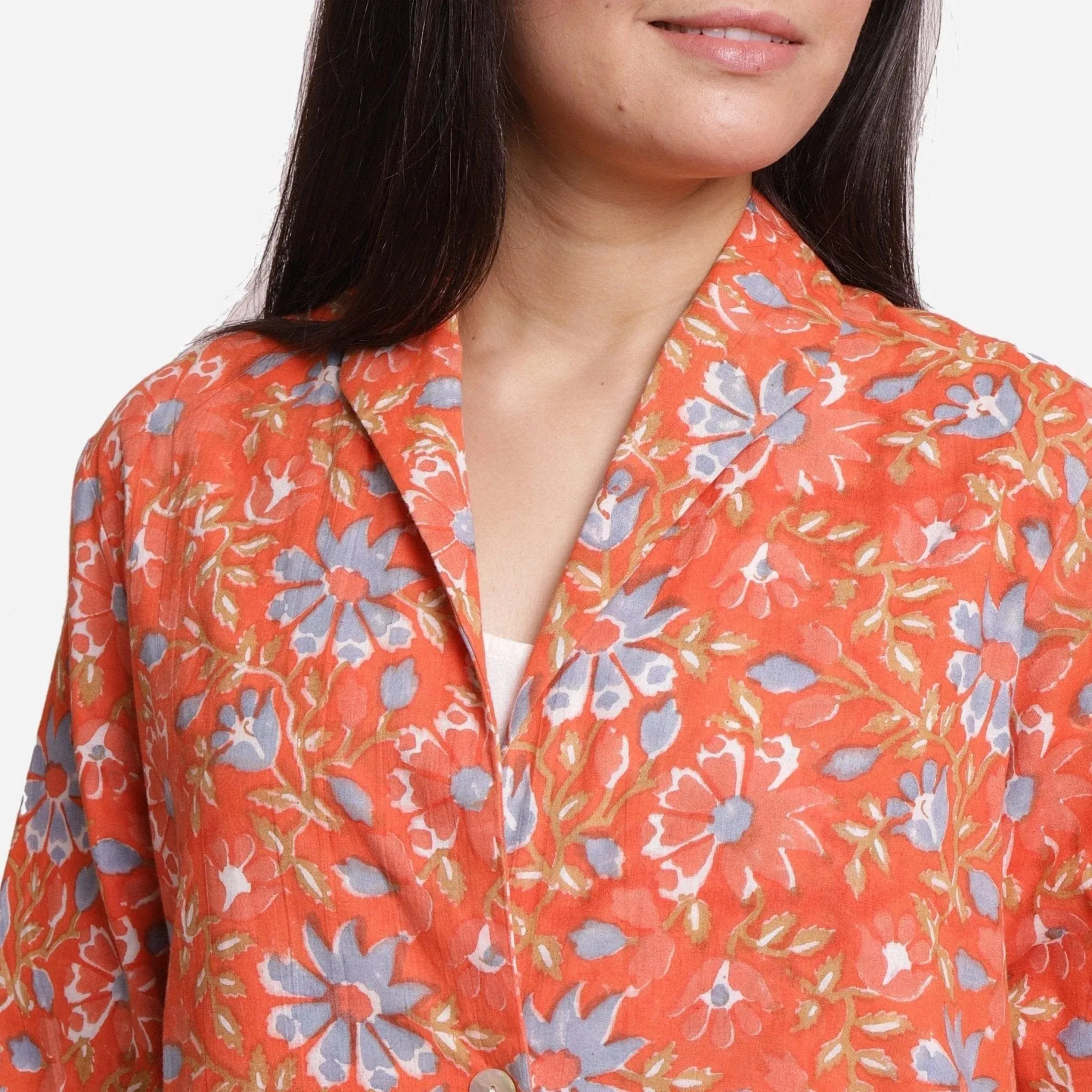 Orange Floral Block Printed Cotton Trench Coat
