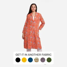 Orange Floral Block Printed Cotton Trench Coat