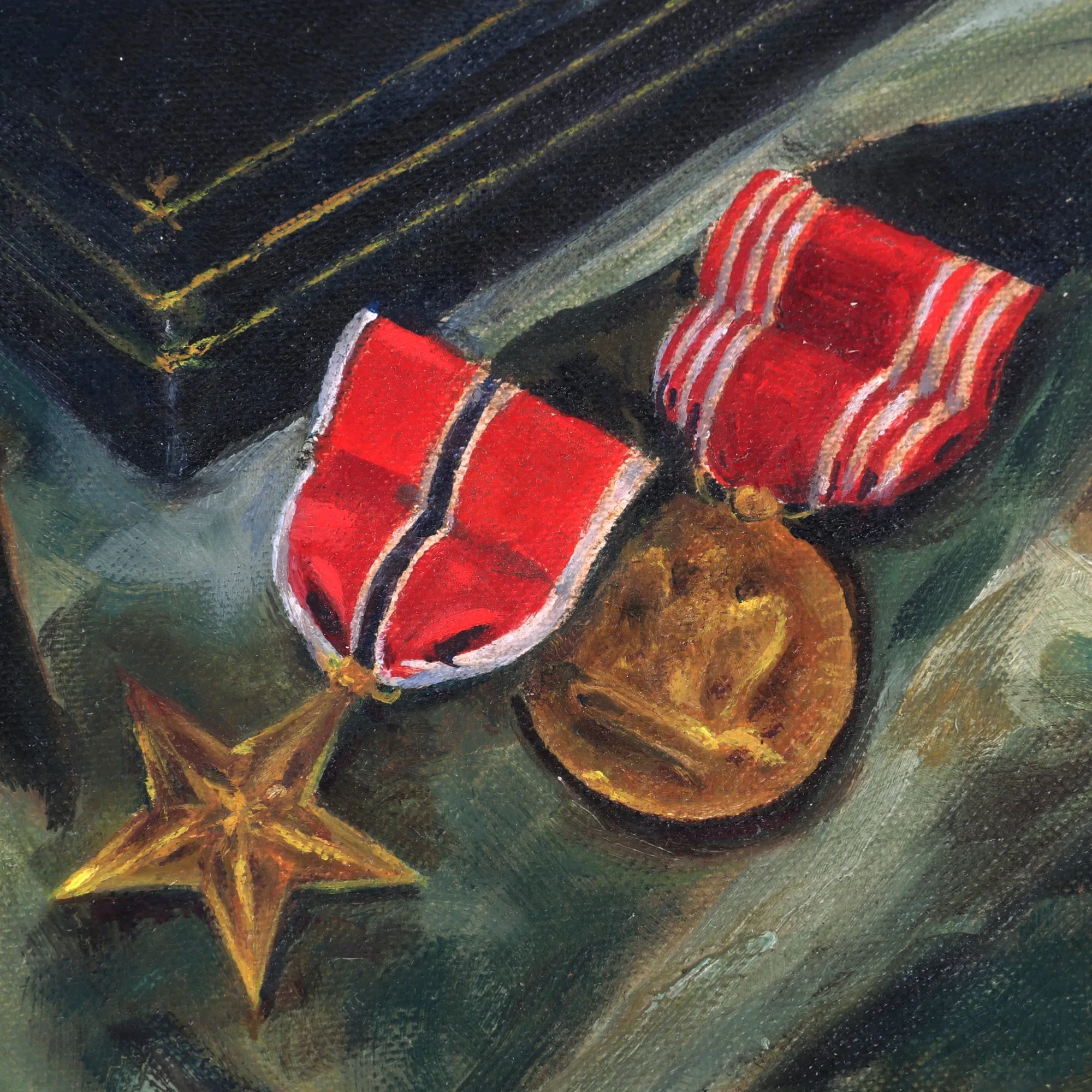 Original U.S. WWII Painting of M1 Helmet with Bronze Star & Other Medals - Signed A. A. Hoffman 1946 - 18 x 24”