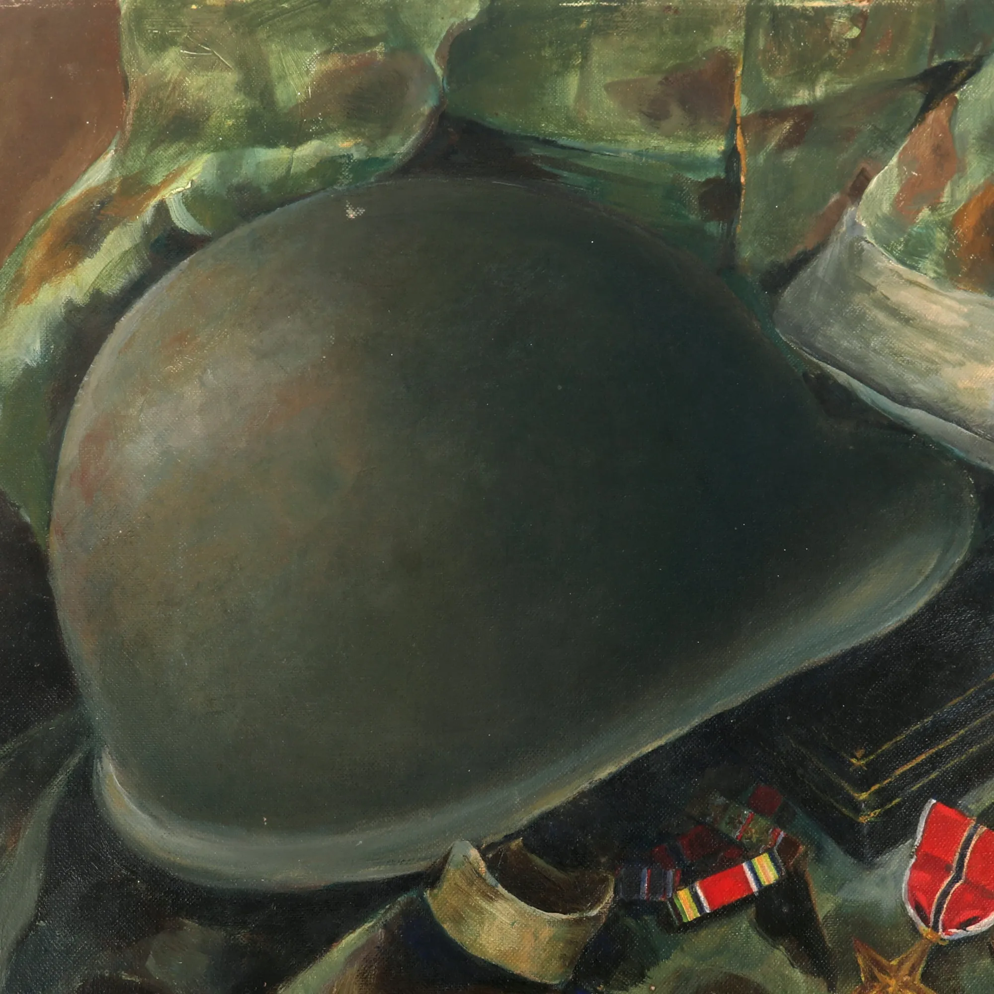 Original U.S. WWII Painting of M1 Helmet with Bronze Star & Other Medals - Signed A. A. Hoffman 1946 - 18 x 24”