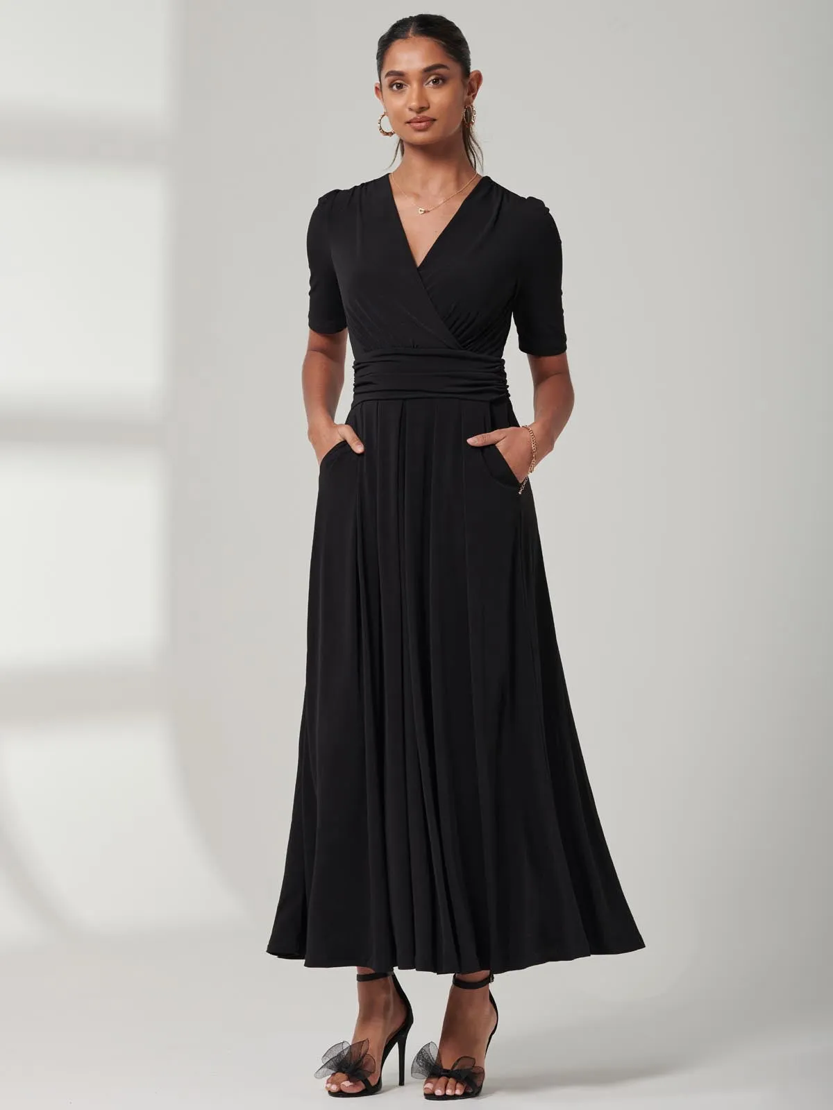 Plain Jersey Wrap Front Maxi Dress, Black