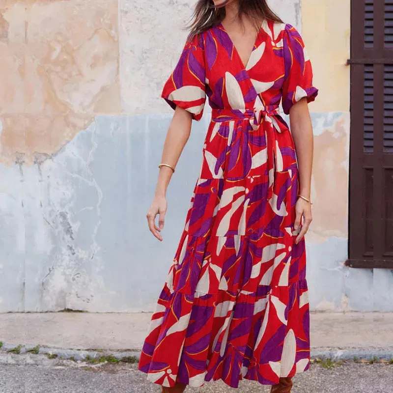 Print Short Sleeved Bohemian Casual High Waist Split Long Elegant Ladies V-neck Lace Up Party Summer Pattern Dress