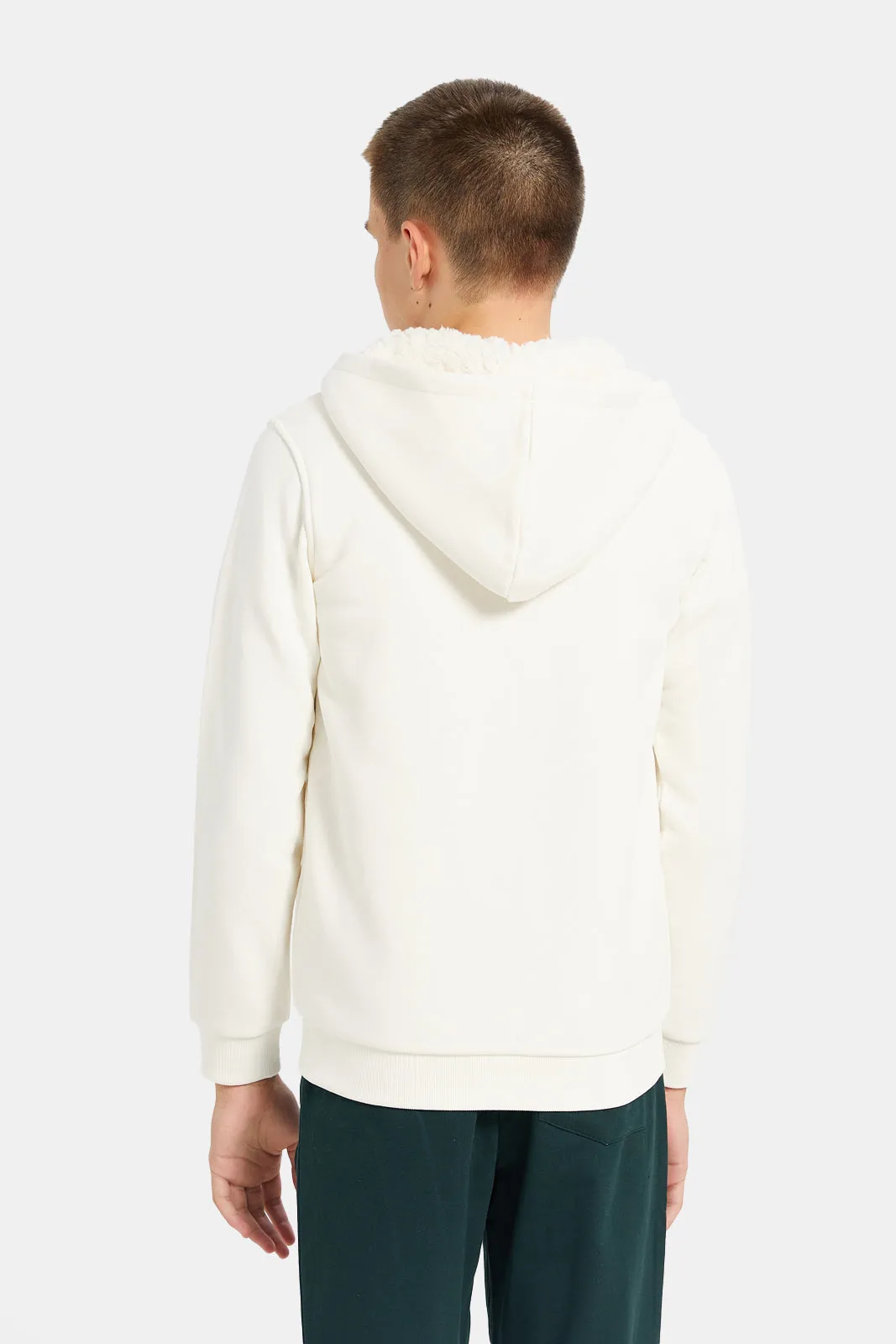 Senior Boys Ivory Solid Hooded Sweatshirt