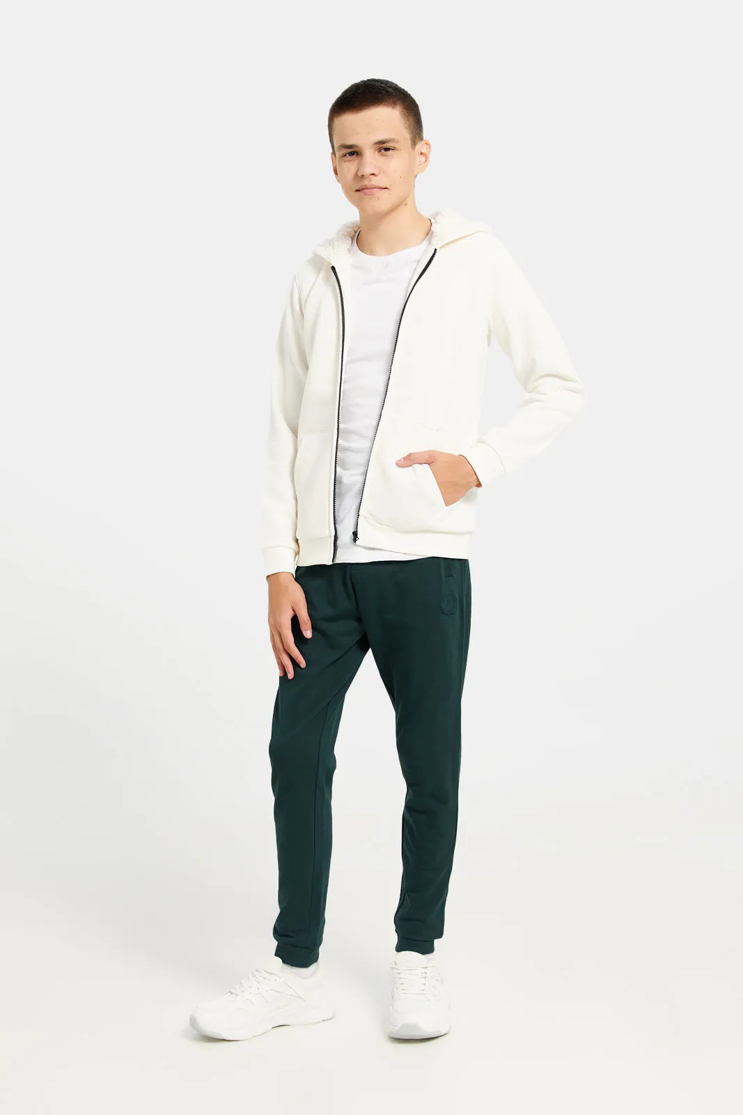 Senior Boys Ivory Solid Hooded Sweatshirt