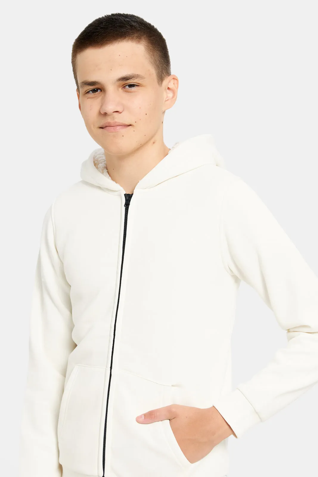 Senior Boys Ivory Solid Hooded Sweatshirt