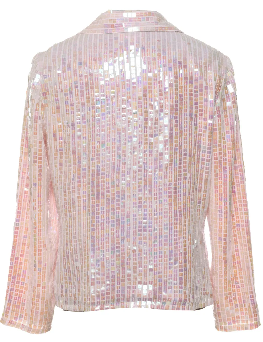 Sequined Pale Pink & Lilac 1990s Zip-Front Evening Jacket - L