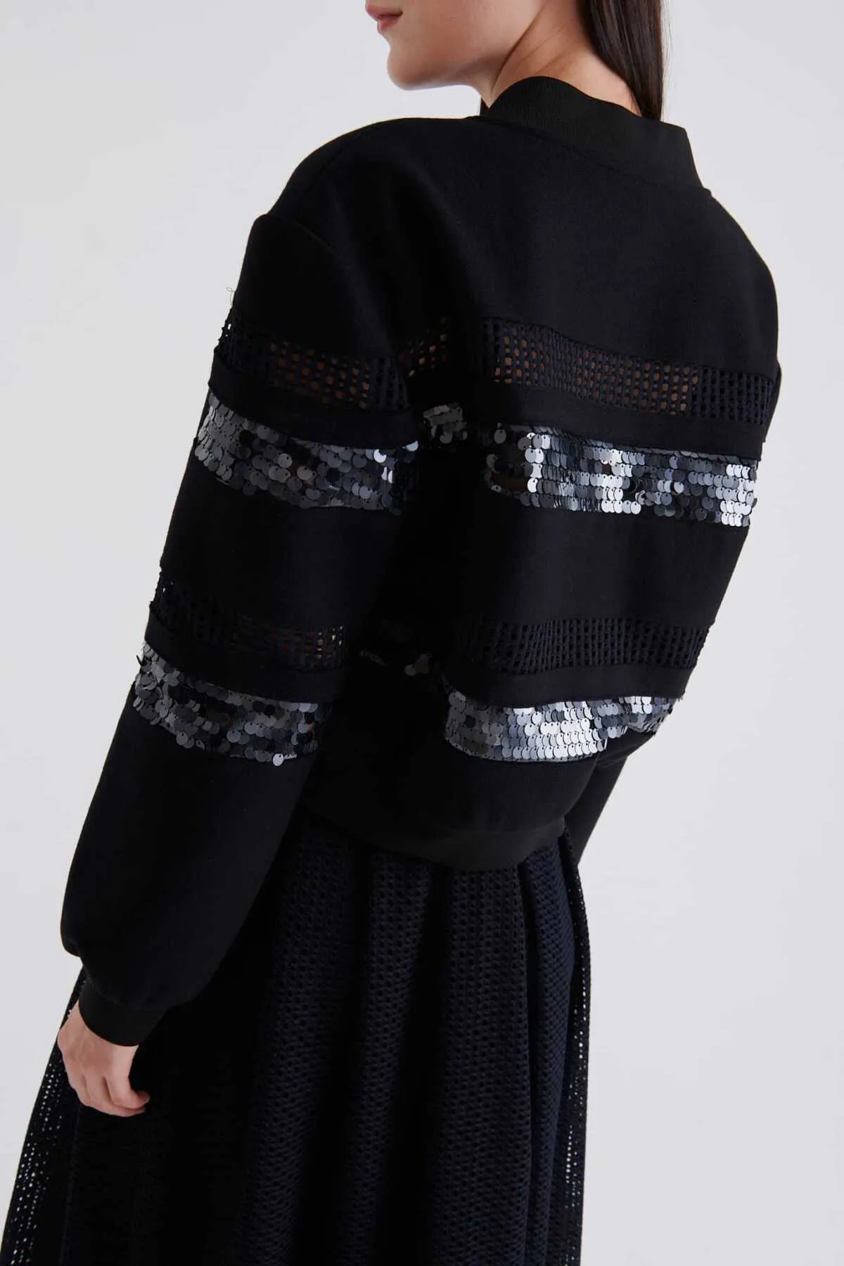 Sequined Zipper Bomber Jacket Black