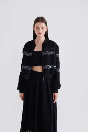 Sequined Zipper Bomber Jacket Black