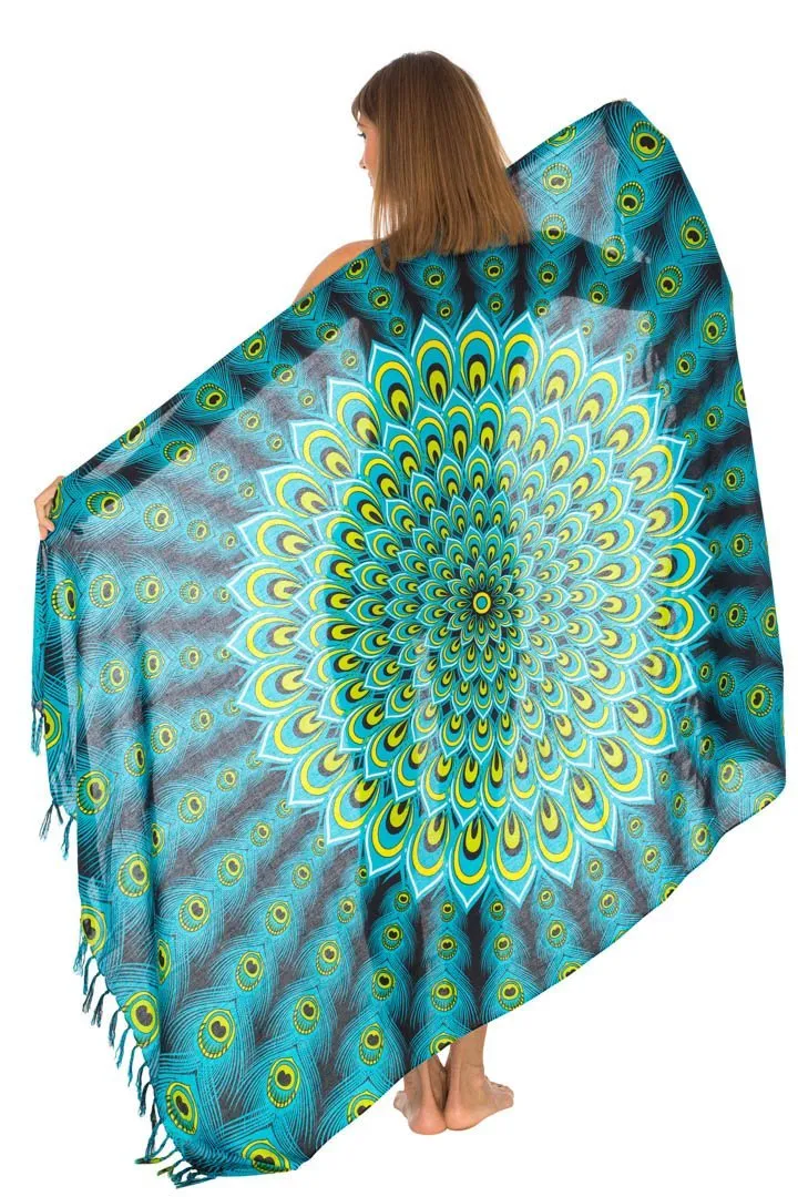SHU-SHI Women's Sarong Beach Swimsuit Cover-Up Mandala Peacock Print with Clip