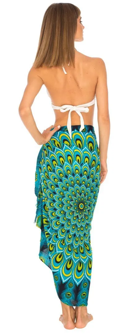 SHU-SHI Women's Sarong Beach Swimsuit Cover-Up Mandala Peacock Print with Clip