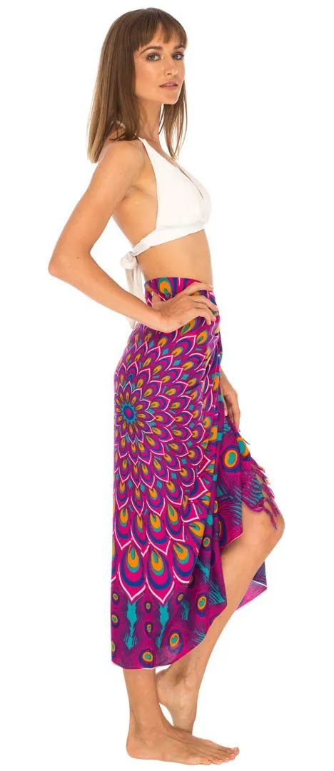 SHU-SHI Women's Sarong Beach Swimsuit Cover-Up Mandala Peacock Print with Clip