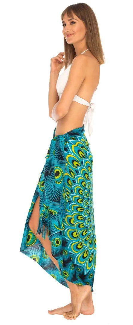 SHU-SHI Women's Sarong Beach Swimsuit Cover-Up Mandala Peacock Print with Clip
