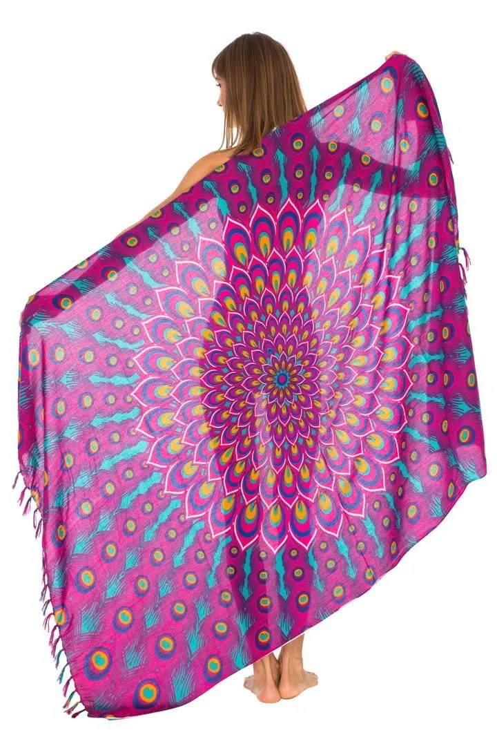 SHU-SHI Women's Sarong Beach Swimsuit Cover-Up Mandala Peacock Print with Clip