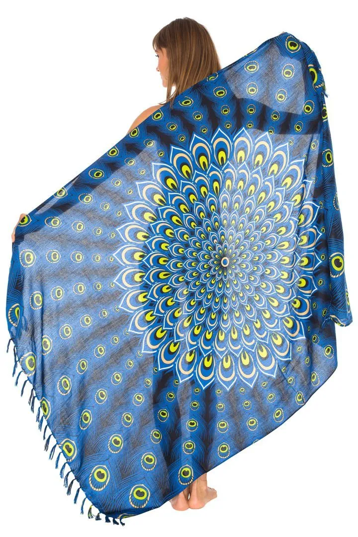 SHU-SHI Women's Sarong Beach Swimsuit Cover-Up Mandala Peacock Print with Clip