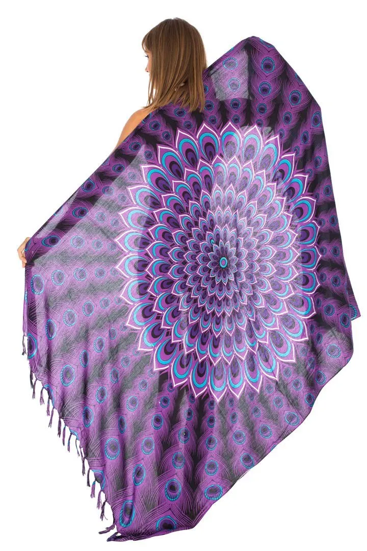 SHU-SHI Women's Sarong Beach Swimsuit Cover-Up Mandala Peacock Print with Clip