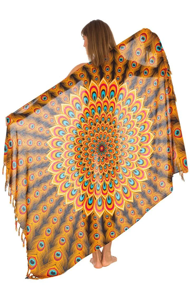 SHU-SHI Women's Sarong Beach Swimsuit Cover-Up Mandala Peacock Print with Clip